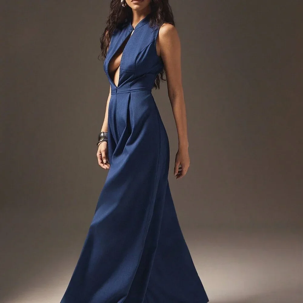 Blue Elegant Women's Wide Leg Zip Front Sleeveless Jumpsuit - Picture 3 of 5